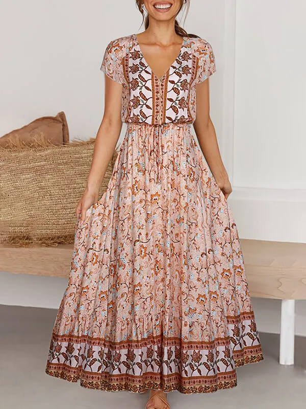 Airchics robe longue imprimé à fleurie v-cou bohème de plage rose pâle