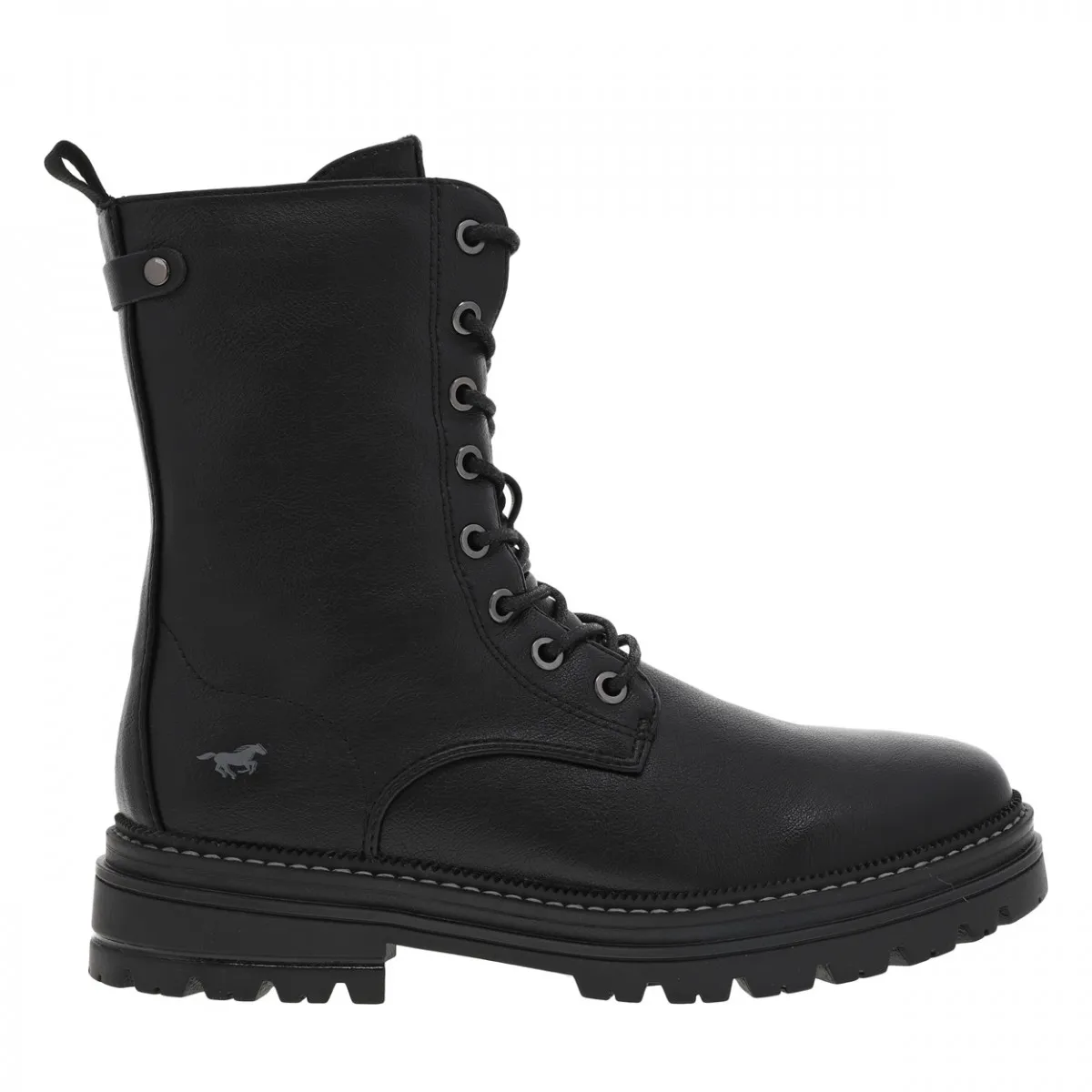 Boots fourrées noires avec empiècements à surpiqures emblématiques lacets ronds enduis et zip
