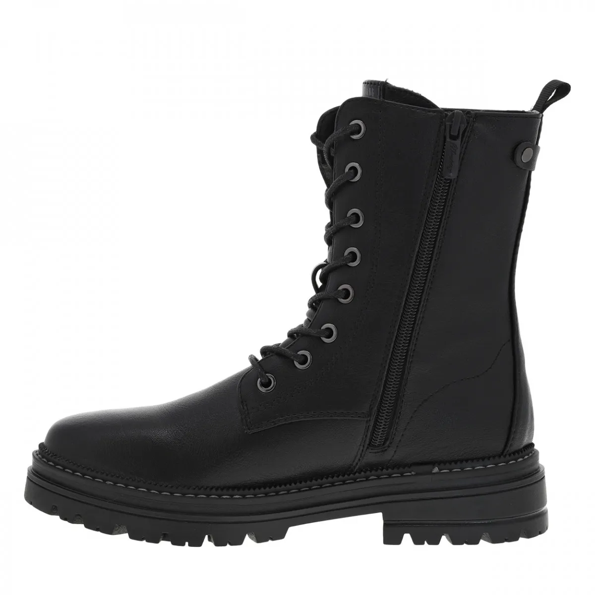 Boots fourrées noires avec empiècements à surpiqures emblématiques lacets ronds enduis et zip