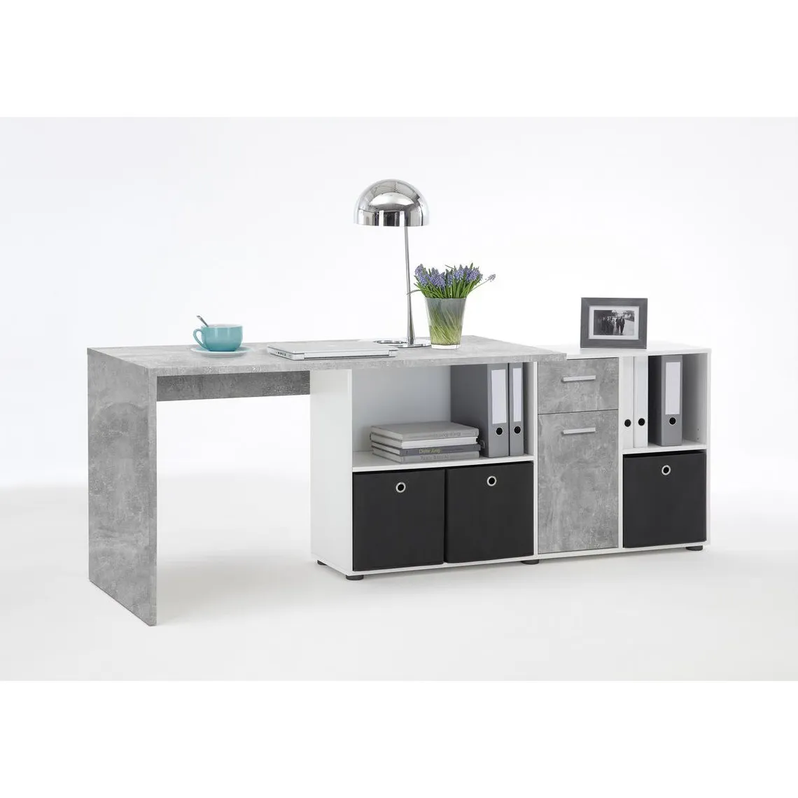Bureau d'Angle Réversible Gris Béton LEX | 3 Suisses