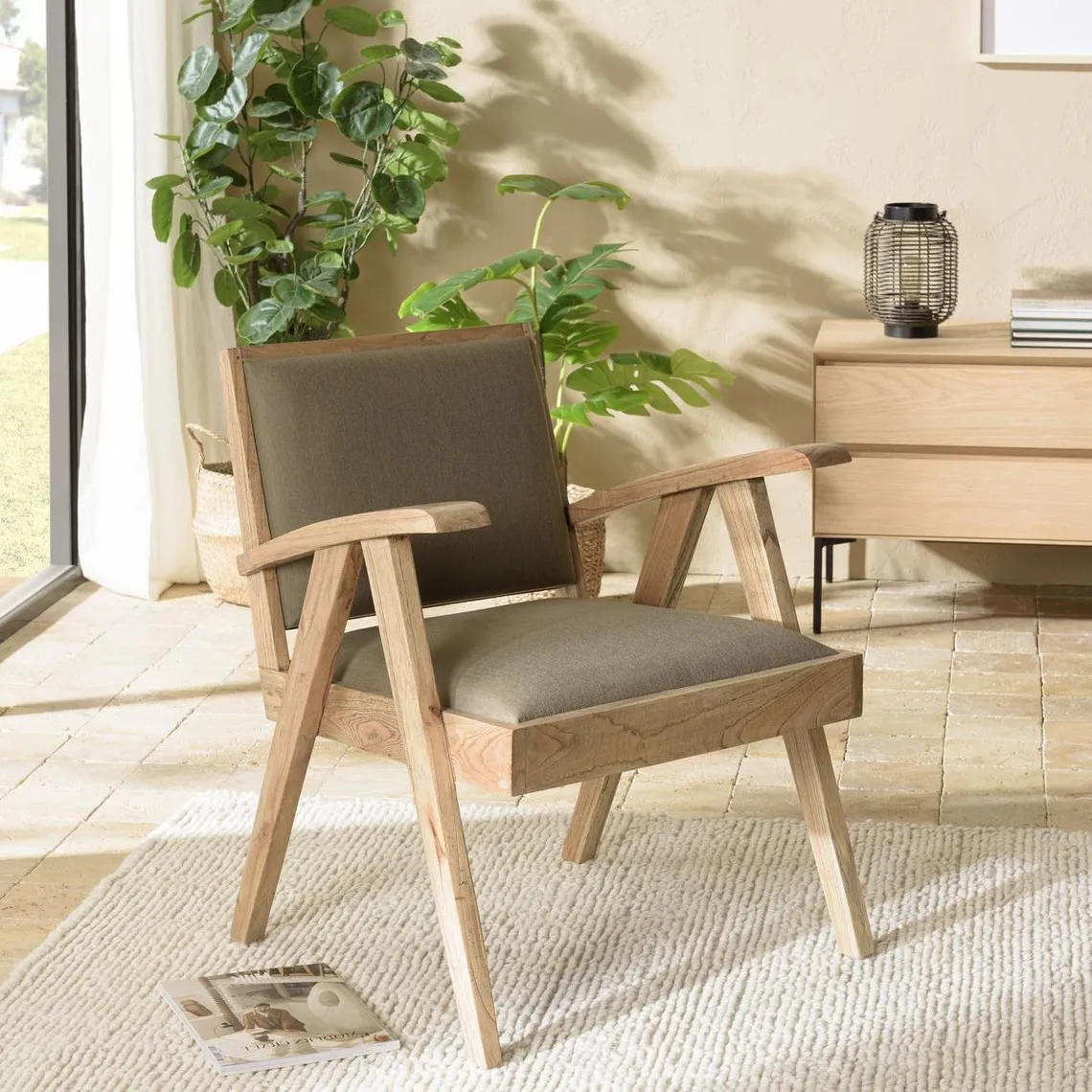 Fauteuil en Mindi, assise en tissu kaki chiné DAK | 3 Suisses