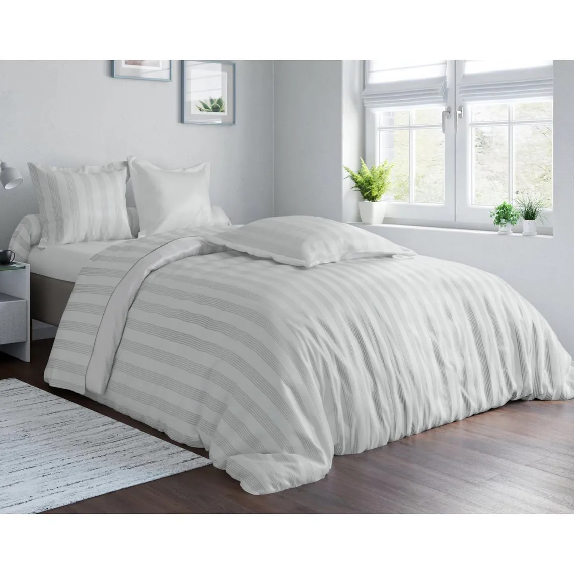 Housse de couette réversible blanc en satin de coton | 3 Suisses