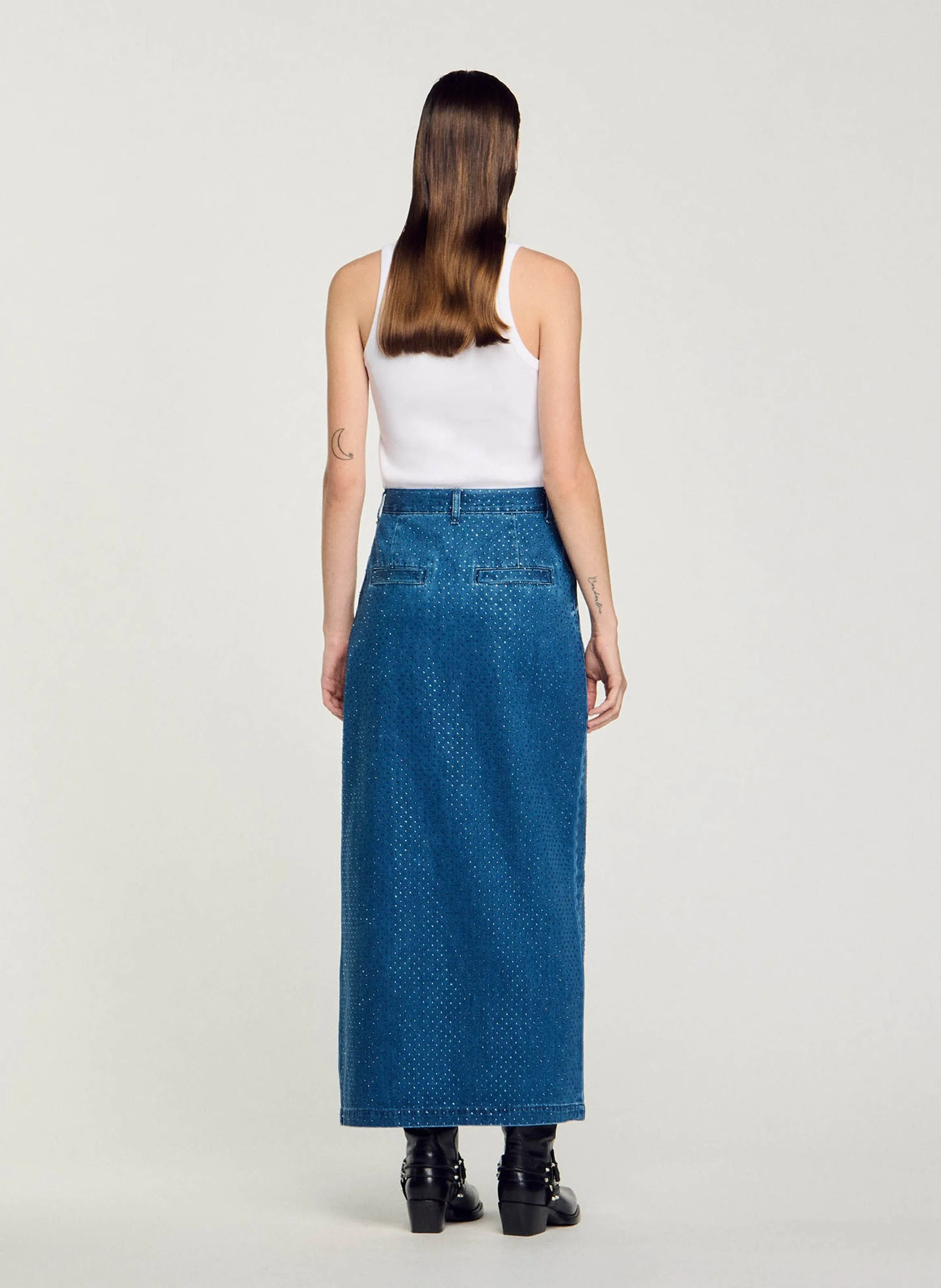 JUPE DROITE LONGUE EN DENIM STRASSé - SANDRO pour FEMME | Printemps