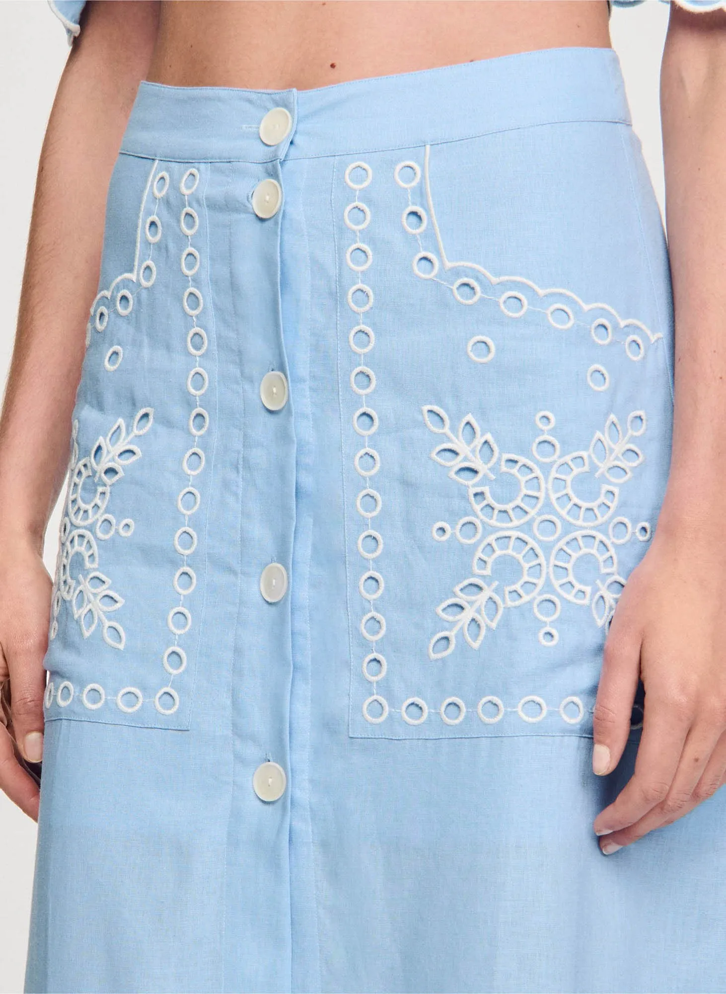 JUPE LONGUE BRODéE EN LIN MéLANGé - SANDRO pour FEMME | Printemps