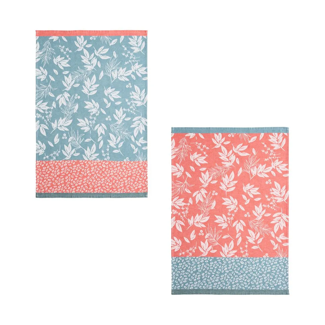 Lot de 2 torchons imprimés en jacquard de coton, Feuillage bleu et rouge | 3 Suisses