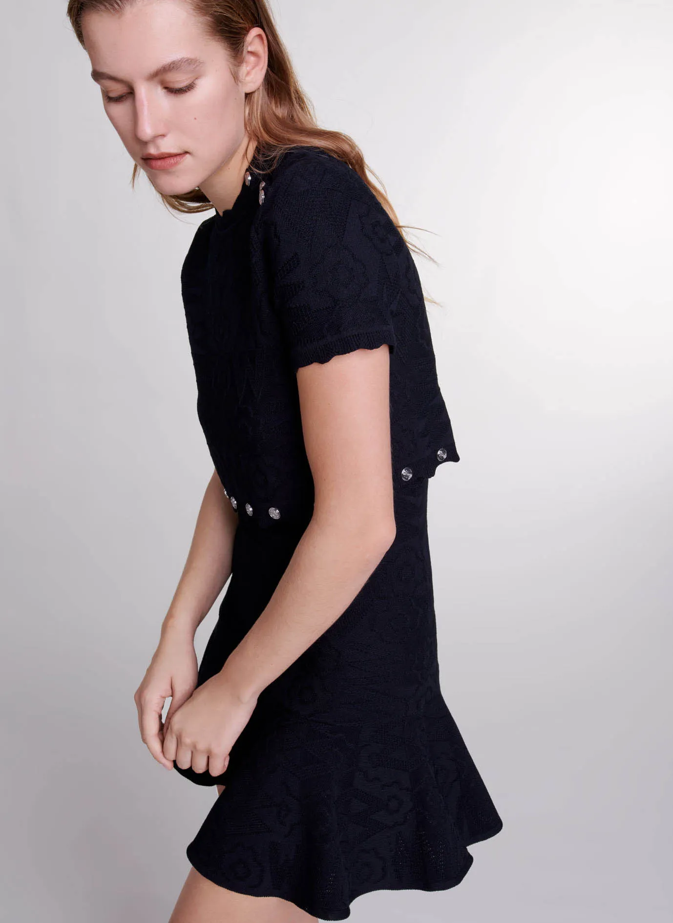 MAJE  Robe courte droite 2-en-1 col rond en maille - Noir