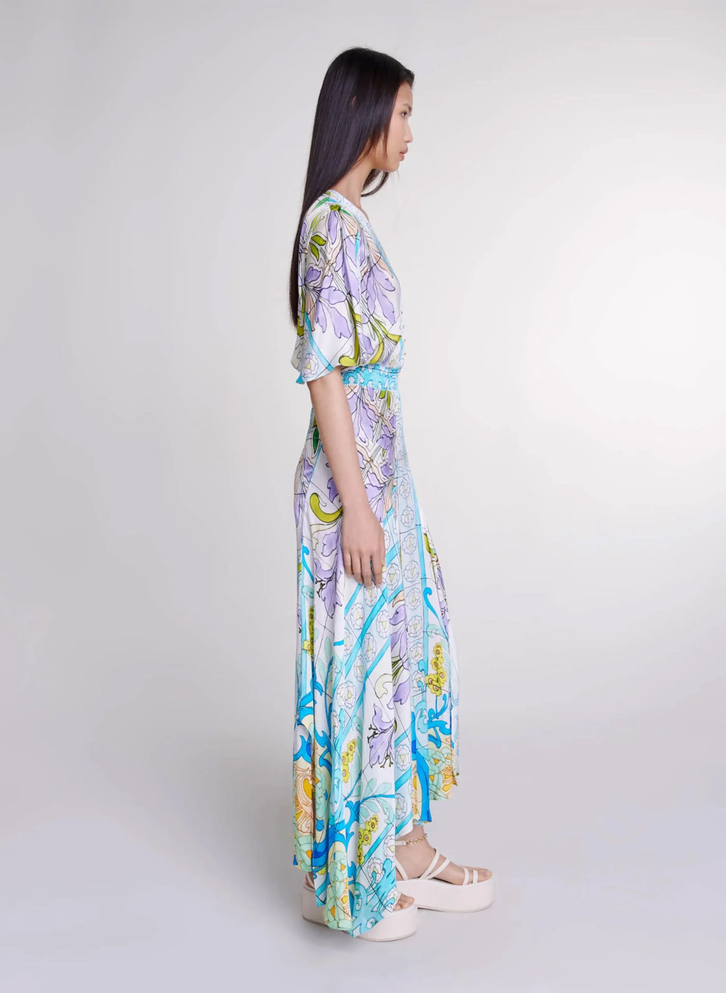 MAJE  Robe longue cintrée à col v - Multicolore