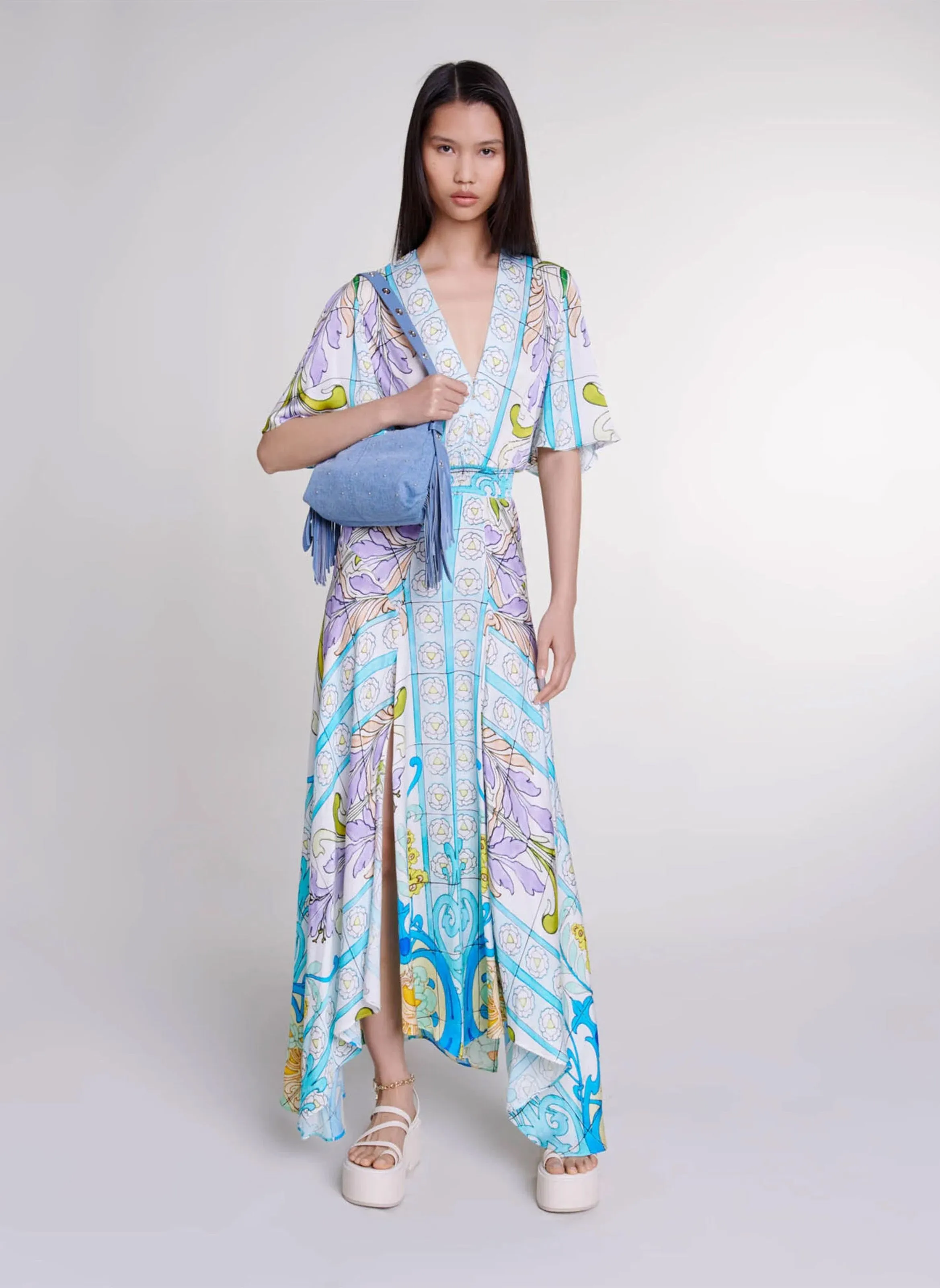 MAJE  Robe longue cintrée à col v - Multicolore