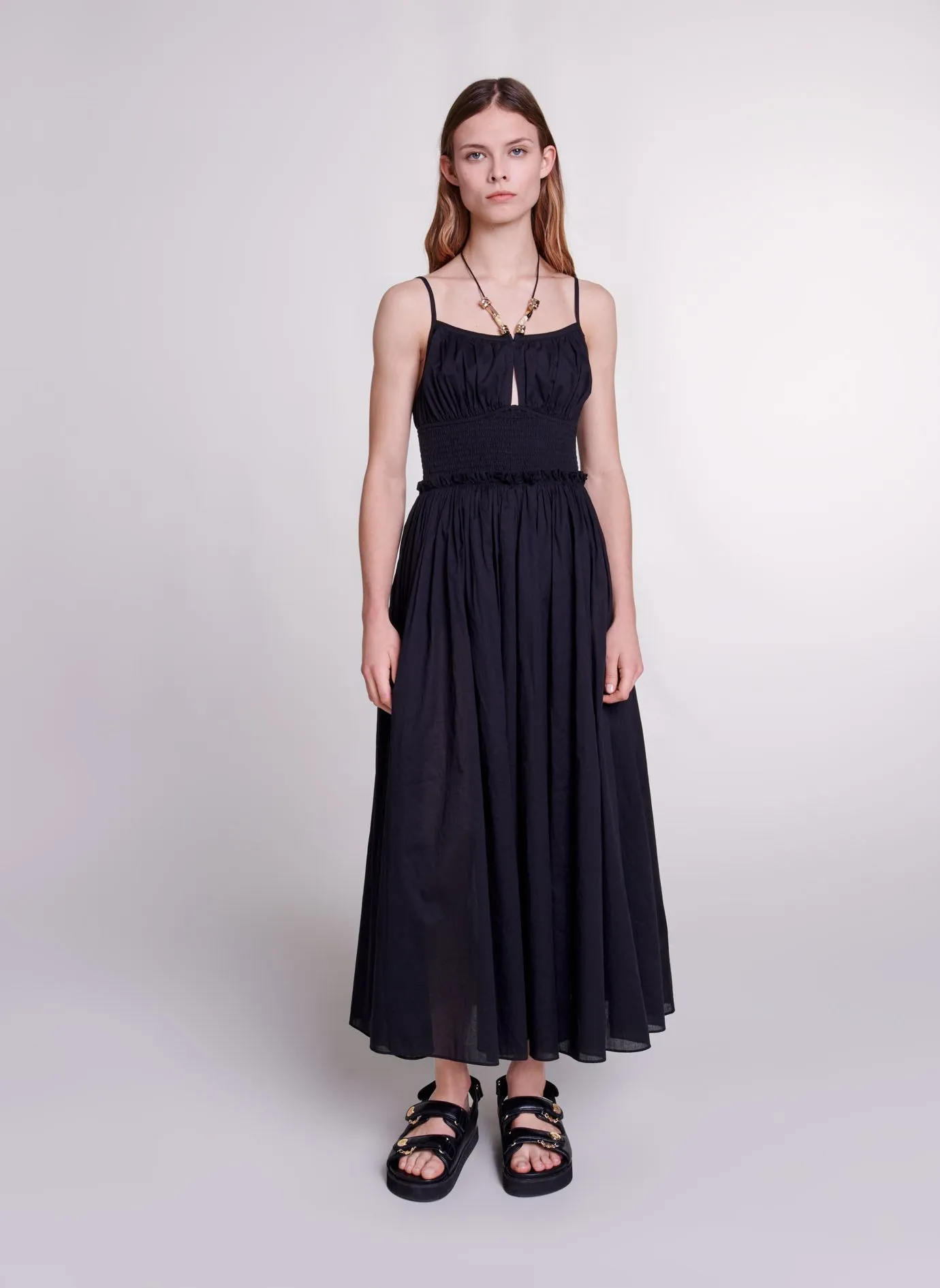 MAJE  Robe à liens perlés en coton - Noir
