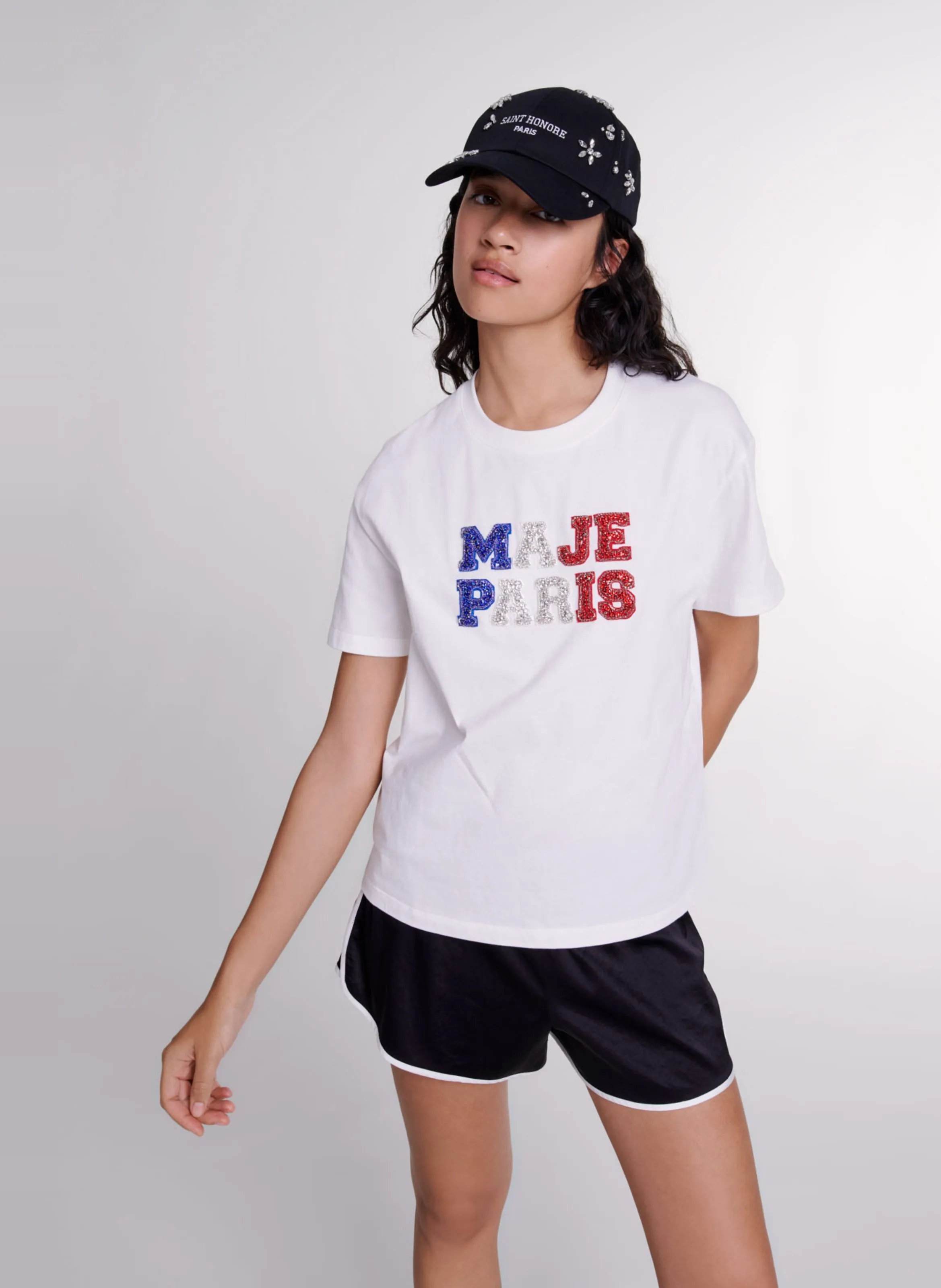 MAJE  Tee-shirt droit col rond en coton strassé - Blanc