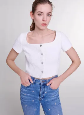 MAJE  Top court col carré en tweed - Blanc