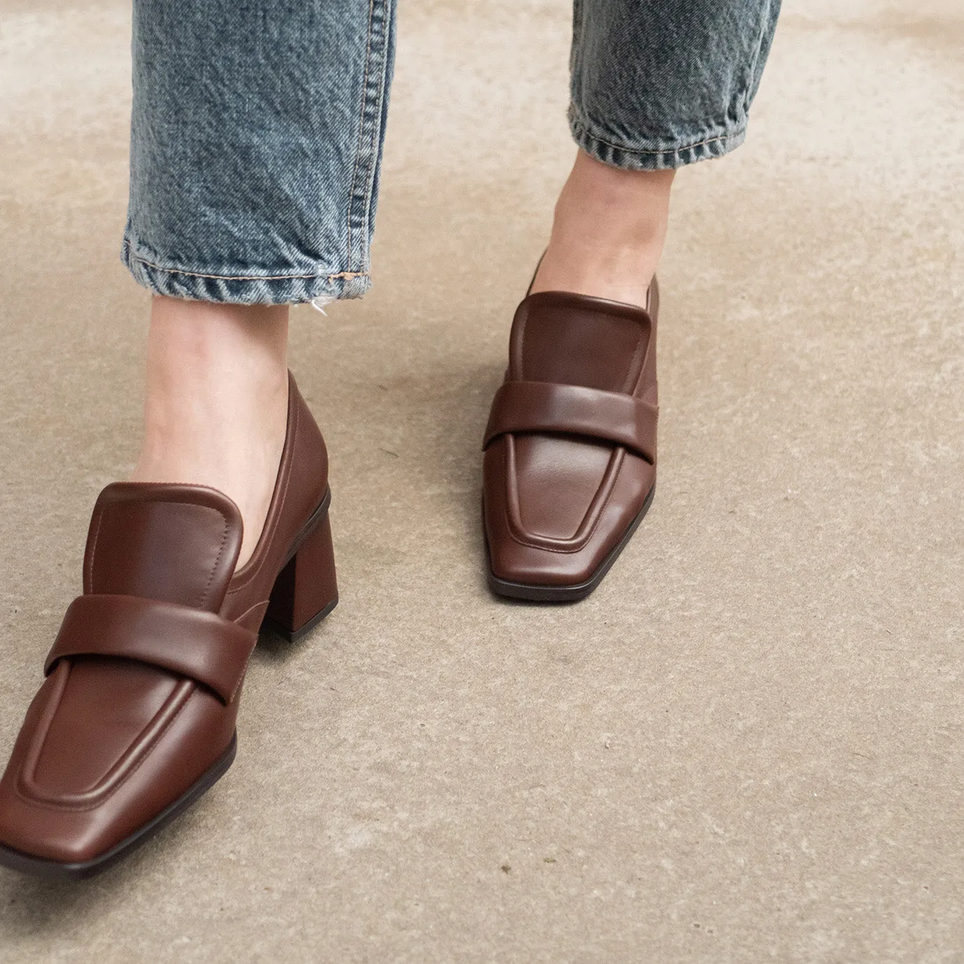 Mocassin à Talon Block Carré - Cacao