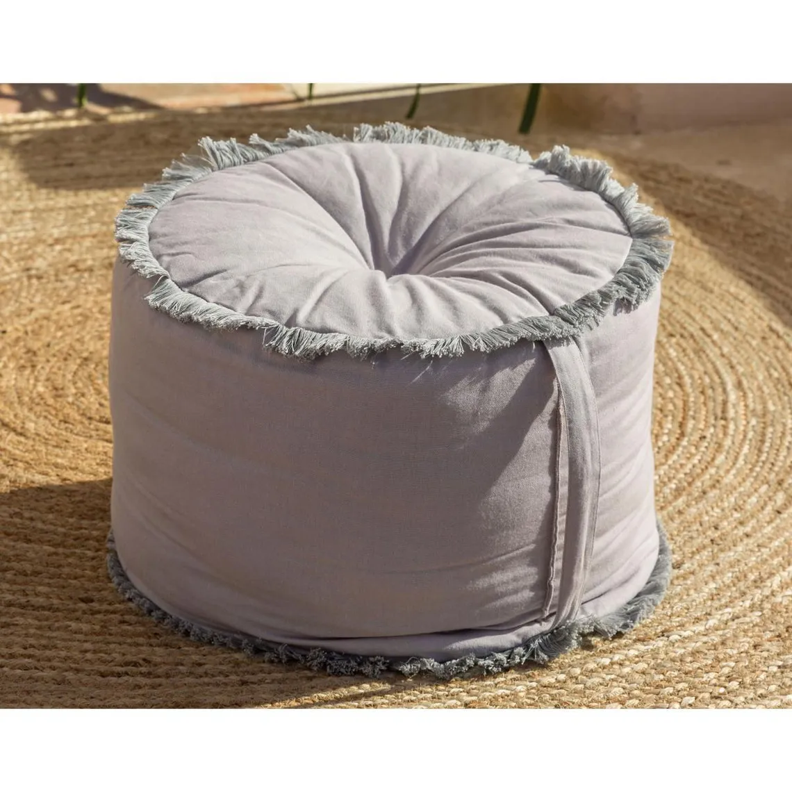 Pouf frangé  gris en coton | 3 Suisses