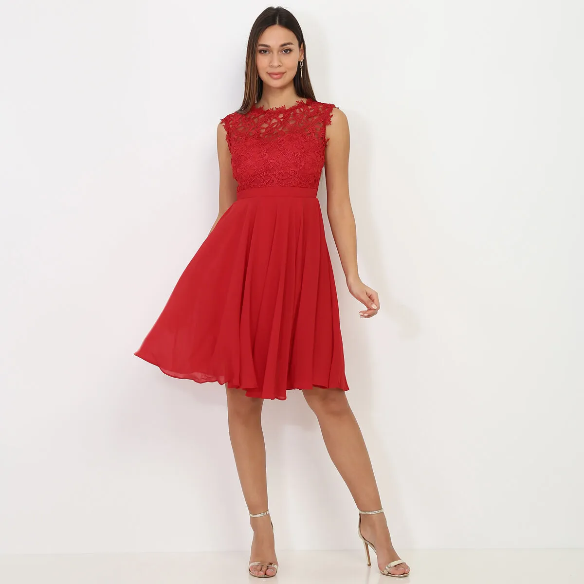 Robe à encolure dentelle grandes tailles- Rouge