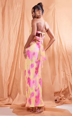 Robe bustier longue plissée fleurie multicolore à dos bénitier
