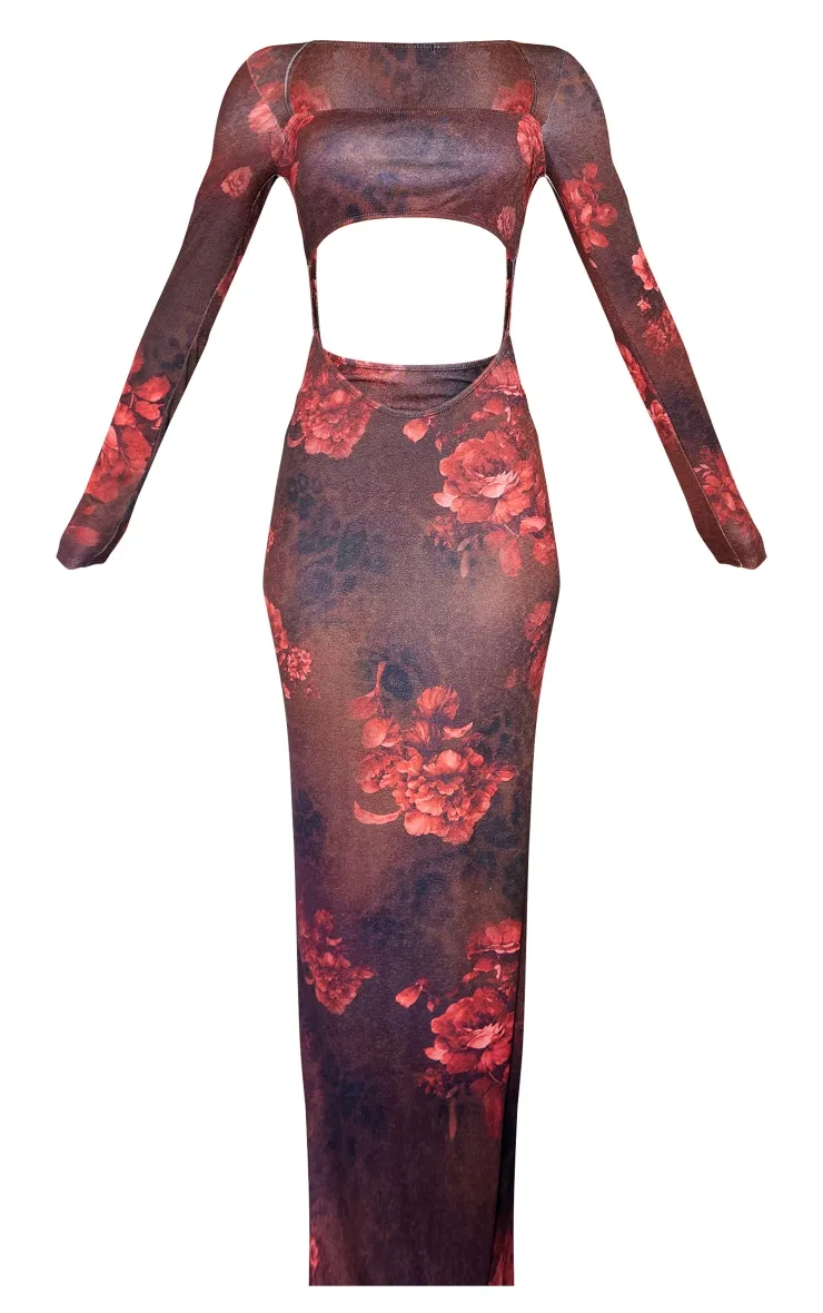 Robe longue découpée en mesh transparente imprimé fleuri multicolore à manches longues et découpes