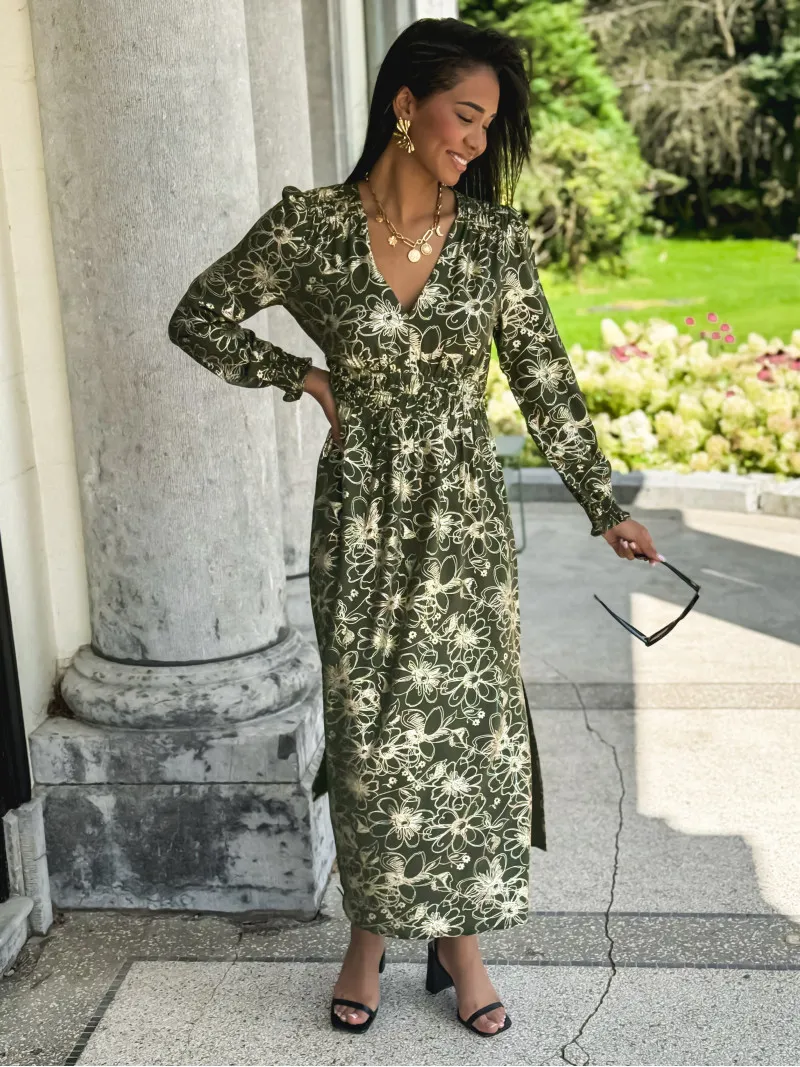 Robe longue à motifs Aurélia - Kaki/Doré
