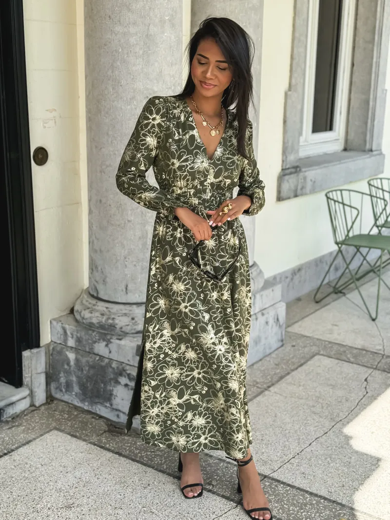 Robe longue à motifs Aurélia - Kaki/Doré