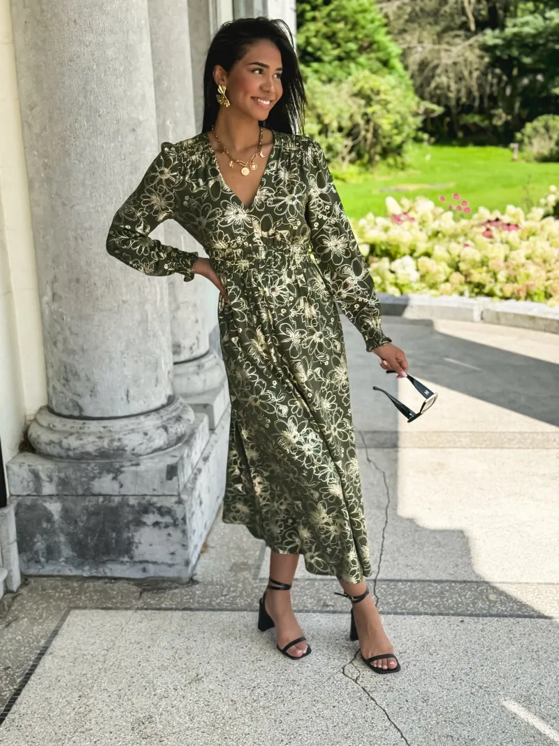 Robe longue à motifs Aurélia - Kaki/Doré