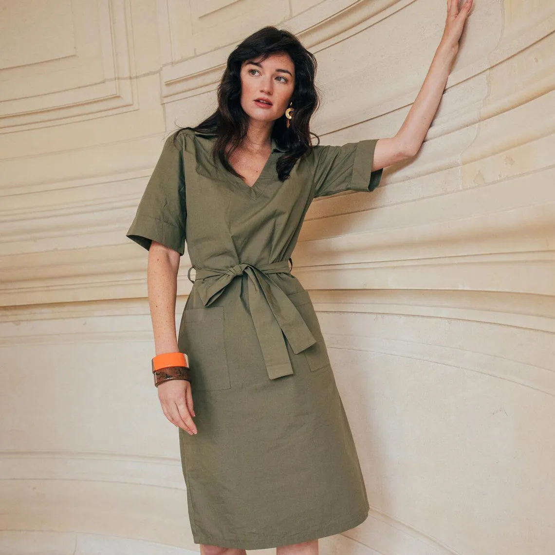 Robe manches courtes ceinturée en popeline kaki Catherine Réédition  | 3 Suisses