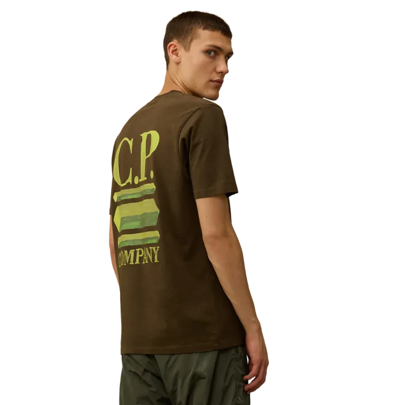 T-shirt col rond coton kaki foncé cube 3d logo dos
