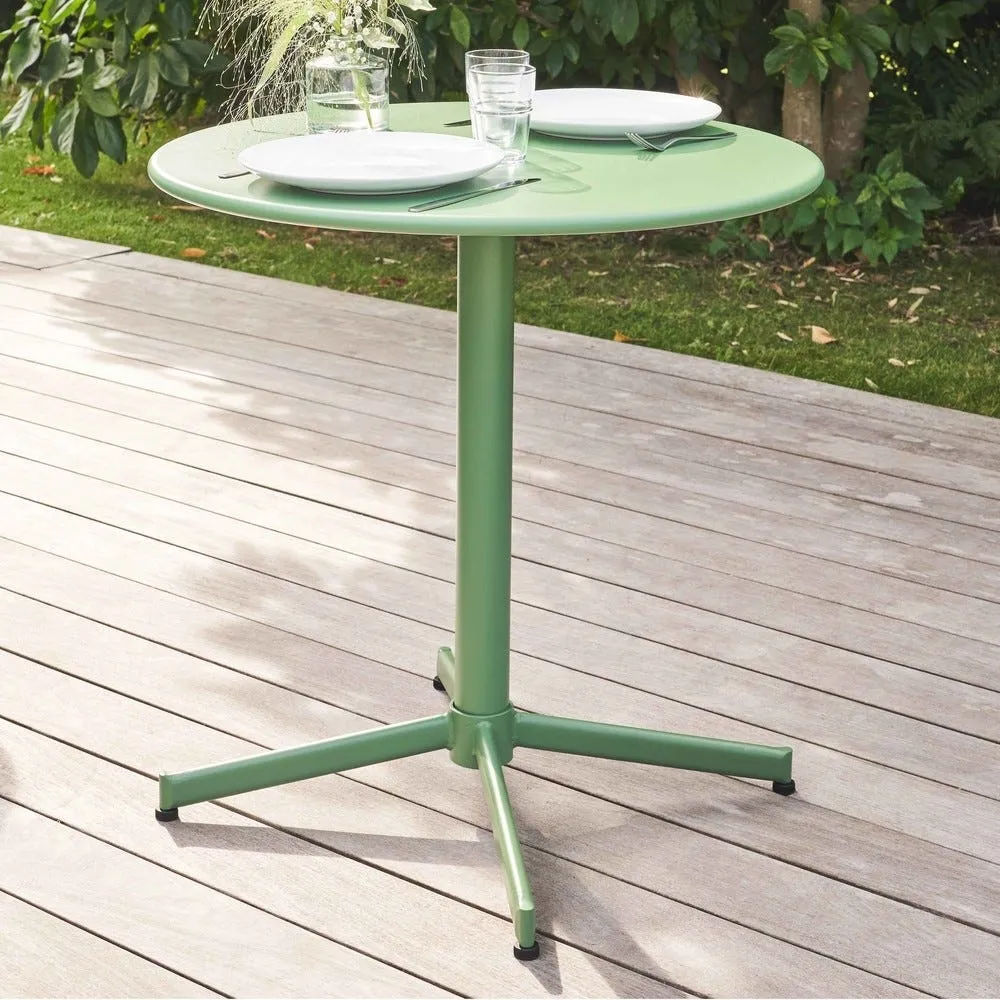 Table de terrasse ronde bistro inclinable en acier vert sauge 70cm oviala