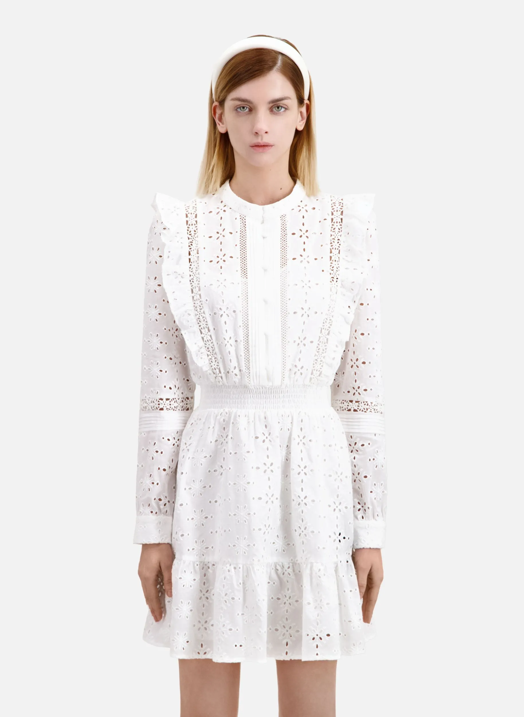 THE KOOPLES  Robe courte brodée à volants en coton - Blanc