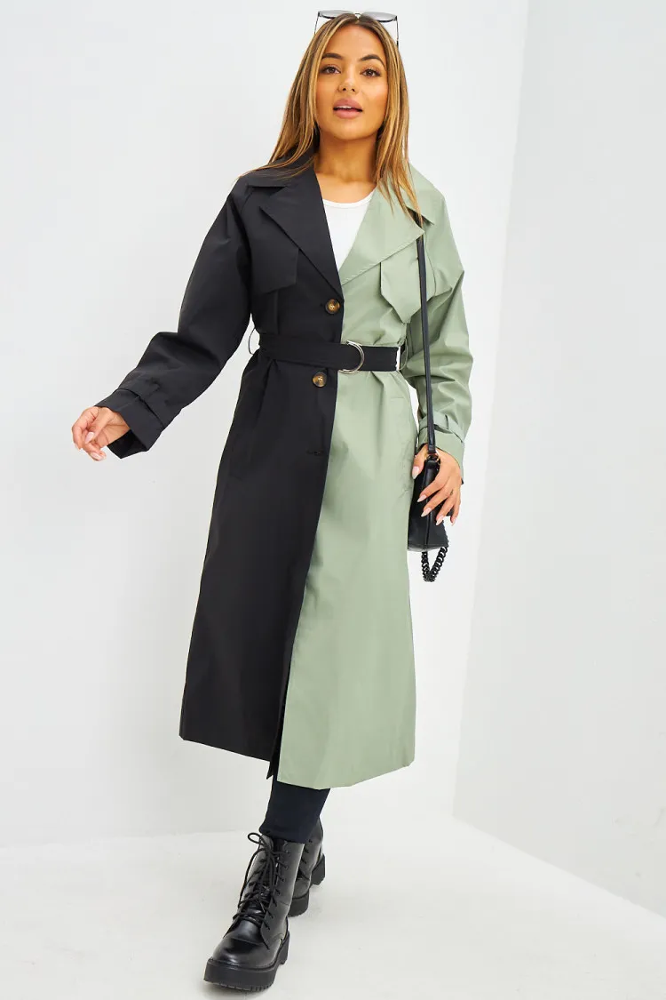 Trench long bicolore noir et kaki